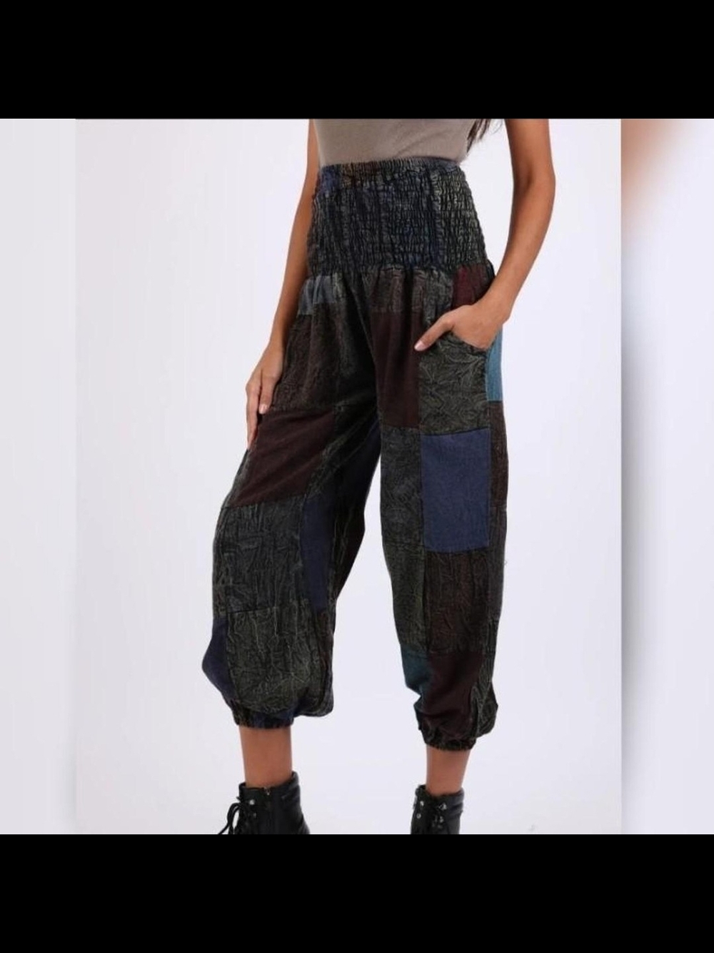 Patchwork Cropped Elastic-Waist Pants - Multicolor